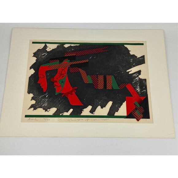 Vtg 1977 Mask Wood Block Print Japanese Kunihiro Amano Signed Numbered Framed - Picture 1 of 16